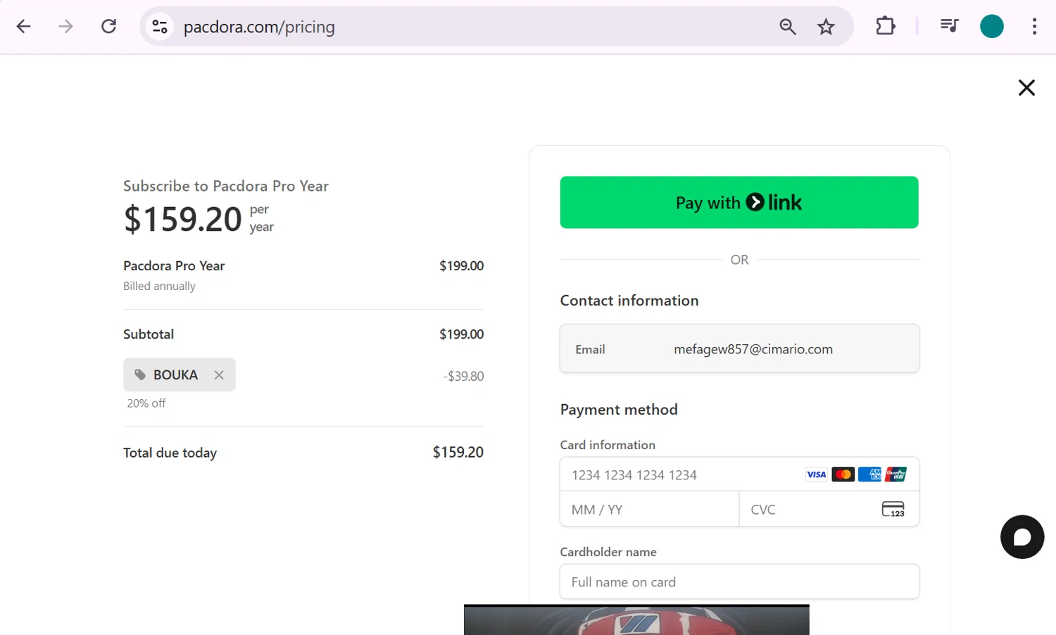 Pacdora promo code screenshot showing code BOUKA applied at Pacdora checkout page. Uploaded by SimplyCodes community member anosesmith on Feb 2, 2026