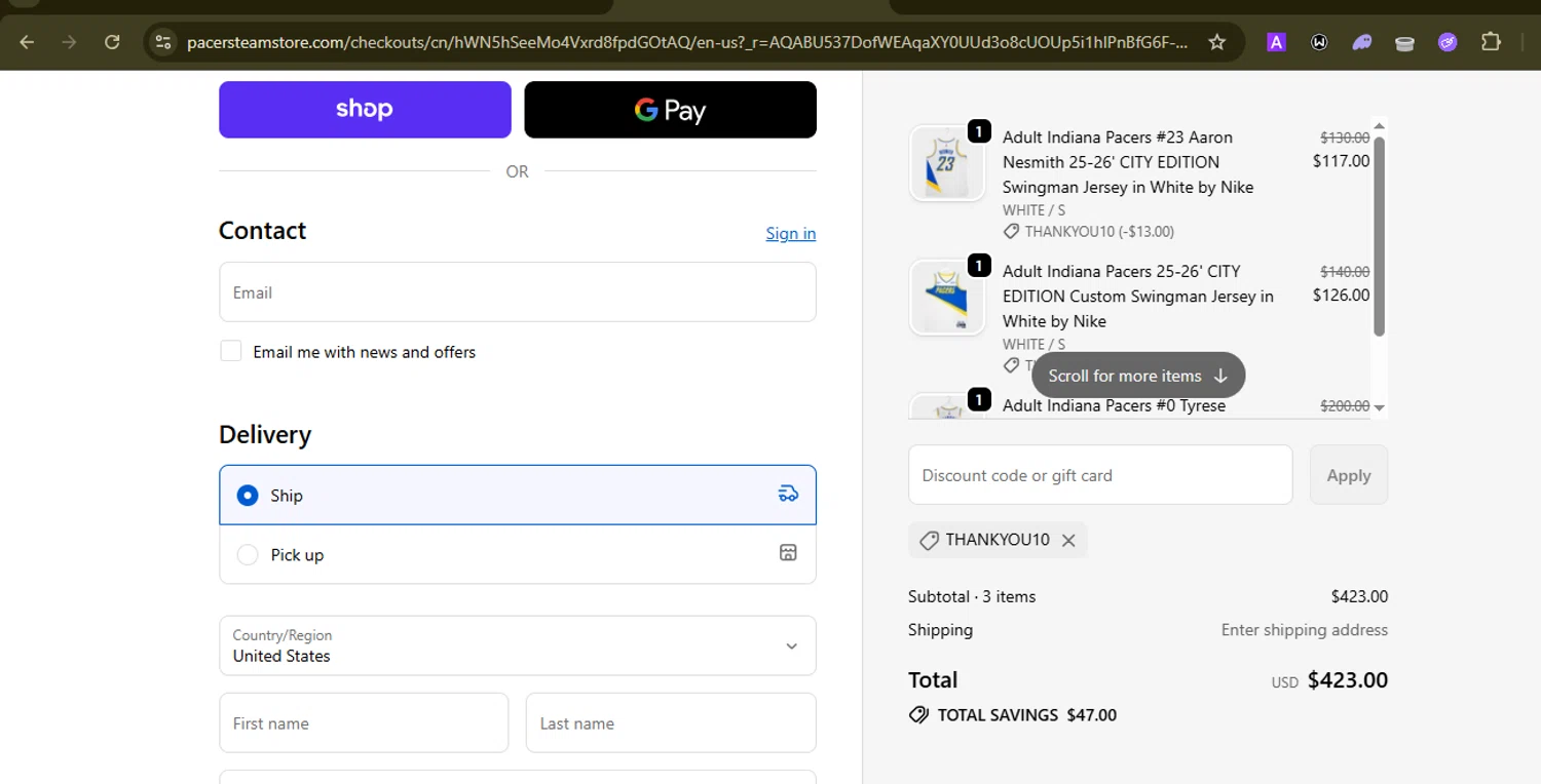 Pacers Team Store discount code screenshot showing code THANKYOU10 applied at Pacers Team Store checkout page. Uploaded by SimplyCodes community member SilverMonarch6357 on Nov 25, 2025