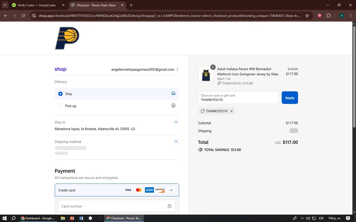 Pacers Team Store discount code screenshot showing code THANKYOU10 applied at Pacers Team Store checkout page. Uploaded by SimplyCodes community member zizu55 on Sep 8, 2025