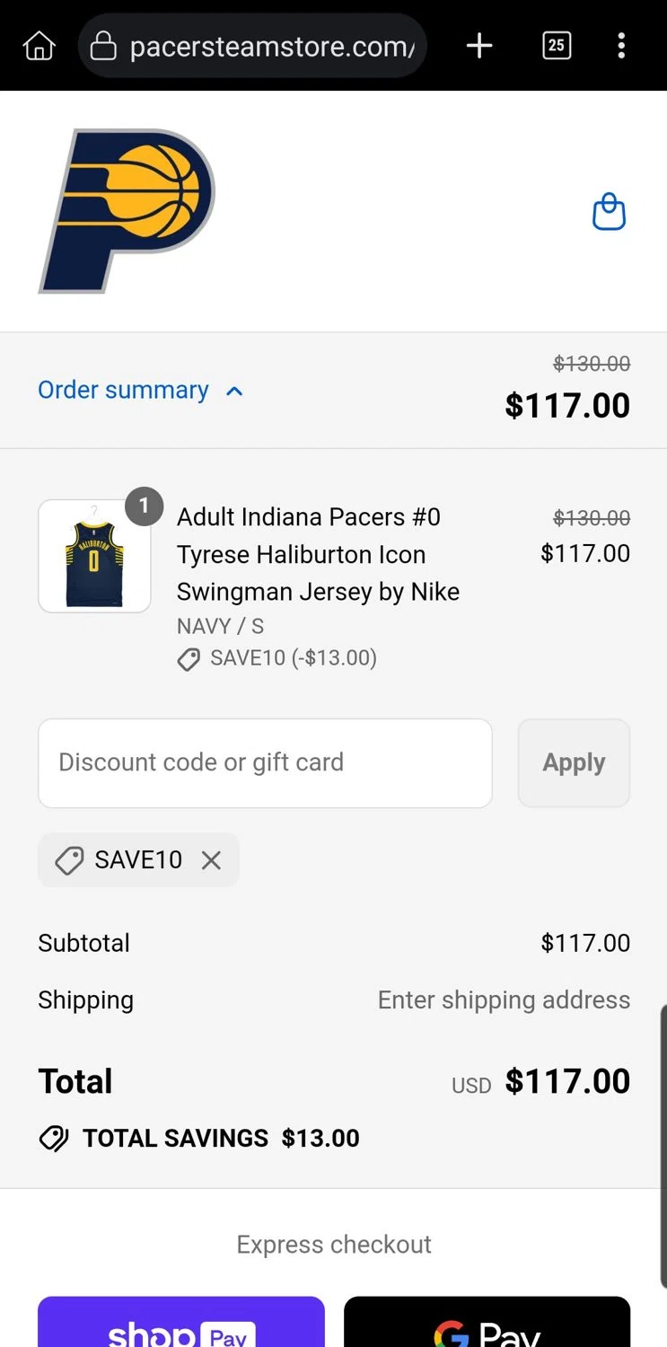 Pacers Team Store discount code screenshot showing code Save10 applied at Pacers Team Store checkout page. Uploaded by SimplyCodes community member Carloslvz on Aug 23, 2025