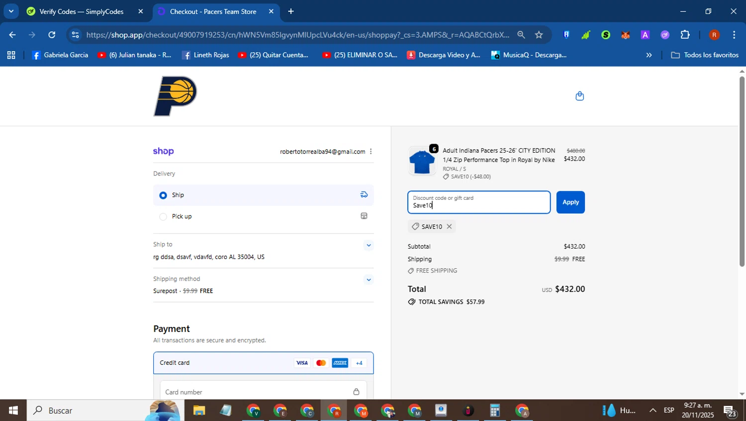 Pacers Team Store discount code screenshot showing code Save10 applied at Pacers Team Store checkout page. Uploaded by SimplyCodes community member robertotorrealba on Nov 20, 2025