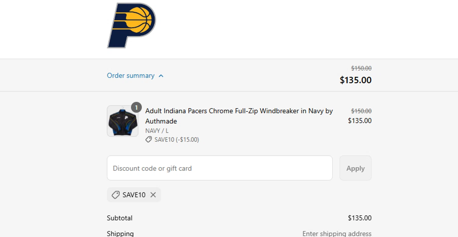 Pacers Team Store discount code screenshot showing code Save10 applied at Pacers Team Store checkout page. Uploaded by SimplyCodes community member ashe1986 on Jul 17, 2025