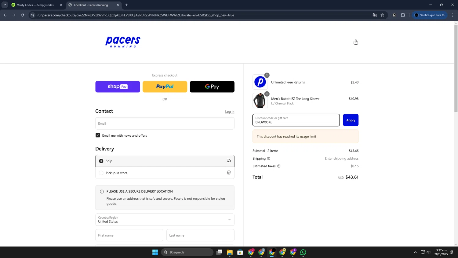 Pacers Running discount code screenshot showing code BROW85K6 applied at Pacers Running checkout page. Uploaded by SimplyCodes community member JoseLocoHugo on Mar 28, 2025