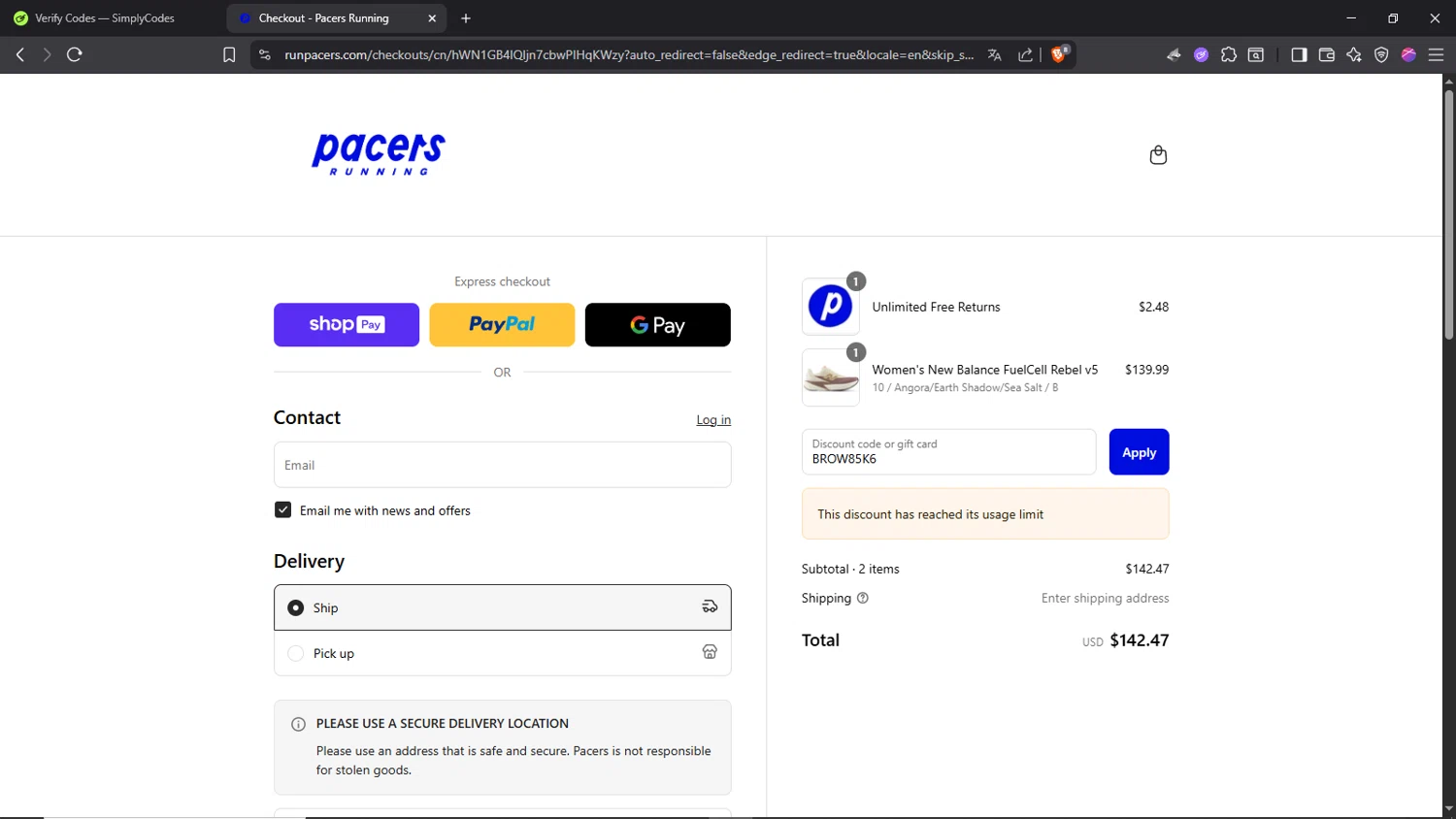 Pacers Running discount code screenshot showing code BROW85K6 applied at Pacers Running checkout page. Uploaded by SimplyCodes community member Morrachida04 on Jul 31, 2025