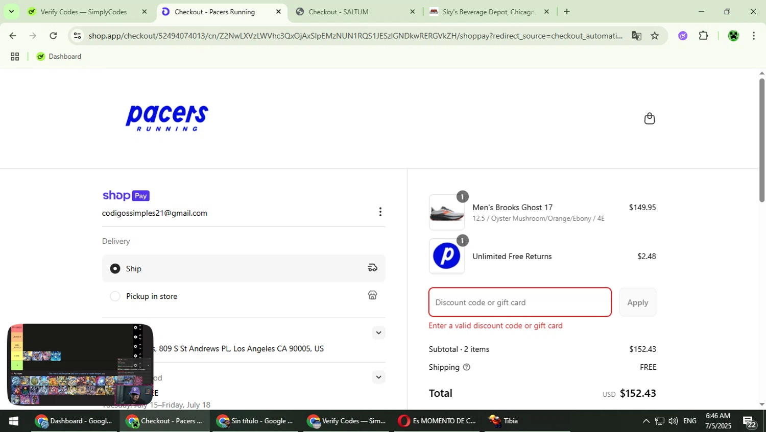 Pacers Running discount code screenshot showing code MONEY applied at Pacers Running checkout page. Uploaded by SimplyCodes community member MaitoGai on Jul 5, 2025