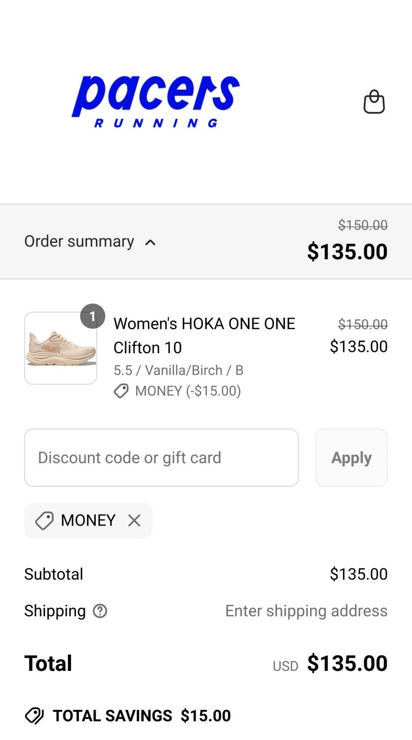 Pacers Running checkout page showing Pacers Running discount code box | Screenshot taken by SimplyCodes community member on Jun 24, 2025