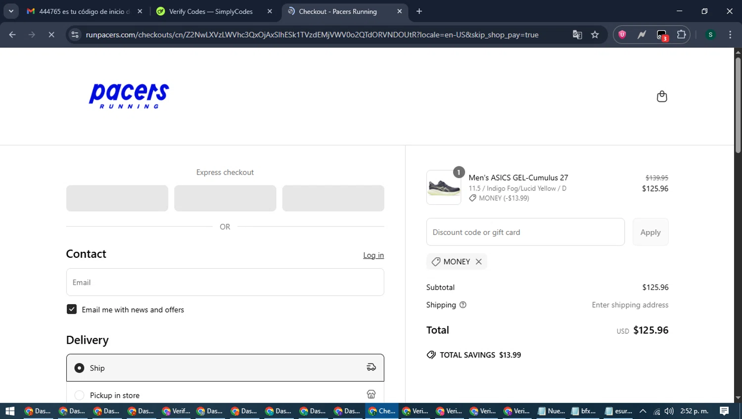 Pacers Running checkout page showing Pacers Running discount code box | Screenshot taken by SimplyCodes community member on Jun 10, 2025
