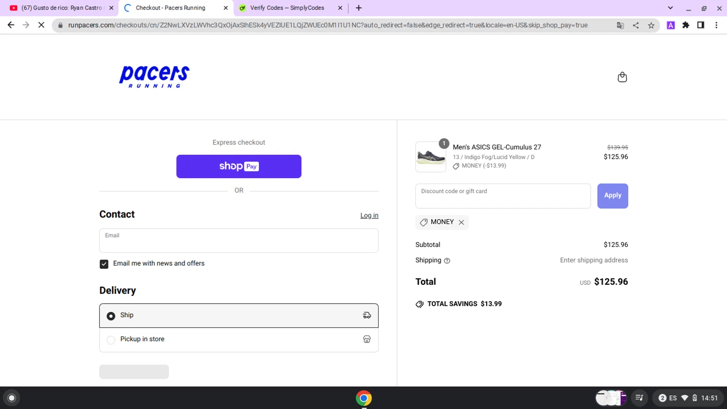 Pacers Running checkout page showing Pacers Running discount code box | Screenshot taken by SimplyCodes community member on Jun 10, 2025