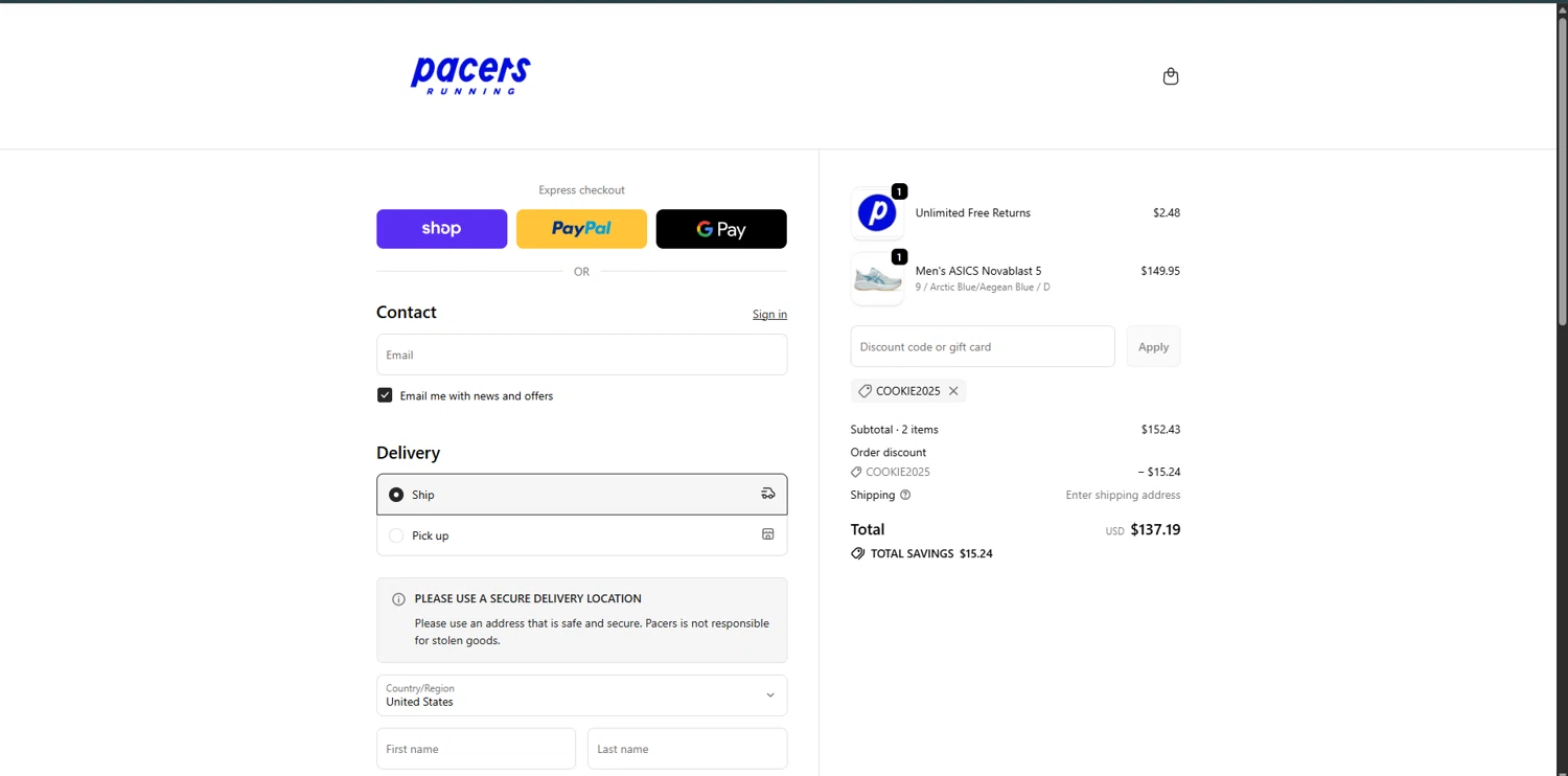 Pacers Running discount code screenshot showing code COOKIE2025 applied at Pacers Running checkout page. Uploaded by SimplyCodes community member VoucherRanger9105 on Dec 11, 2025