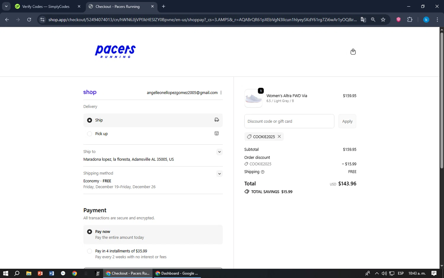 Pacers Running discount code screenshot showing code COOKIE2025 applied at Pacers Running checkout page. Uploaded by SimplyCodes community member bilijr on Dec 11, 2025