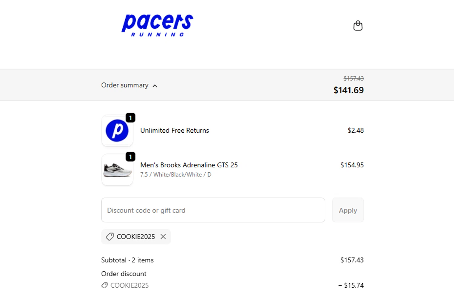 Pacers Running discount code screenshot showing code COOKIE2025 applied at Pacers Running checkout page. Uploaded by SimplyCodes community member ashe1986 on Dec 11, 2025