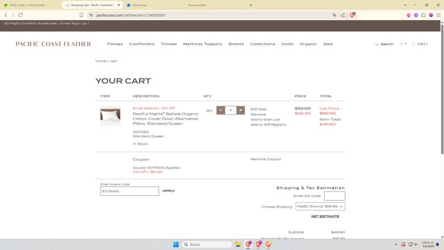 Pacific Coast Bedding checkout page showing Pacific Coast Bedding coupon code box | Screenshot taken by SimplyCodes community member on Jun 5, 2025