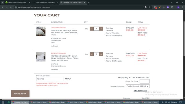 Pacific Coast Bedding checkout page showing Pacific Coast Bedding coupon code box | Screenshot taken by SimplyCodes community member on May 24, 2025