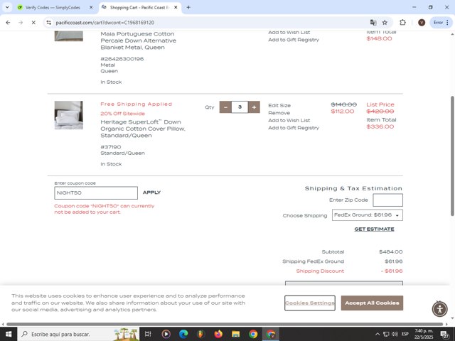 Pacific Coast Bedding checkout page showing Pacific Coast Bedding coupon code box | Screenshot taken by SimplyCodes community member on May 22, 2025