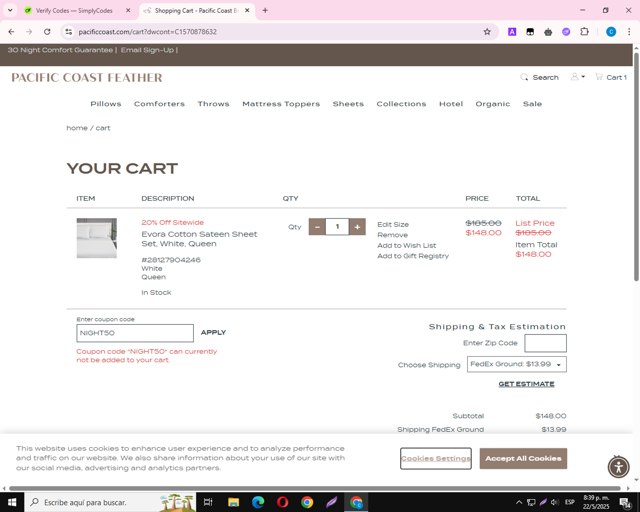 Pacific Coast Bedding checkout page showing Pacific Coast Bedding coupon code box | Screenshot taken by SimplyCodes community member on May 23, 2025