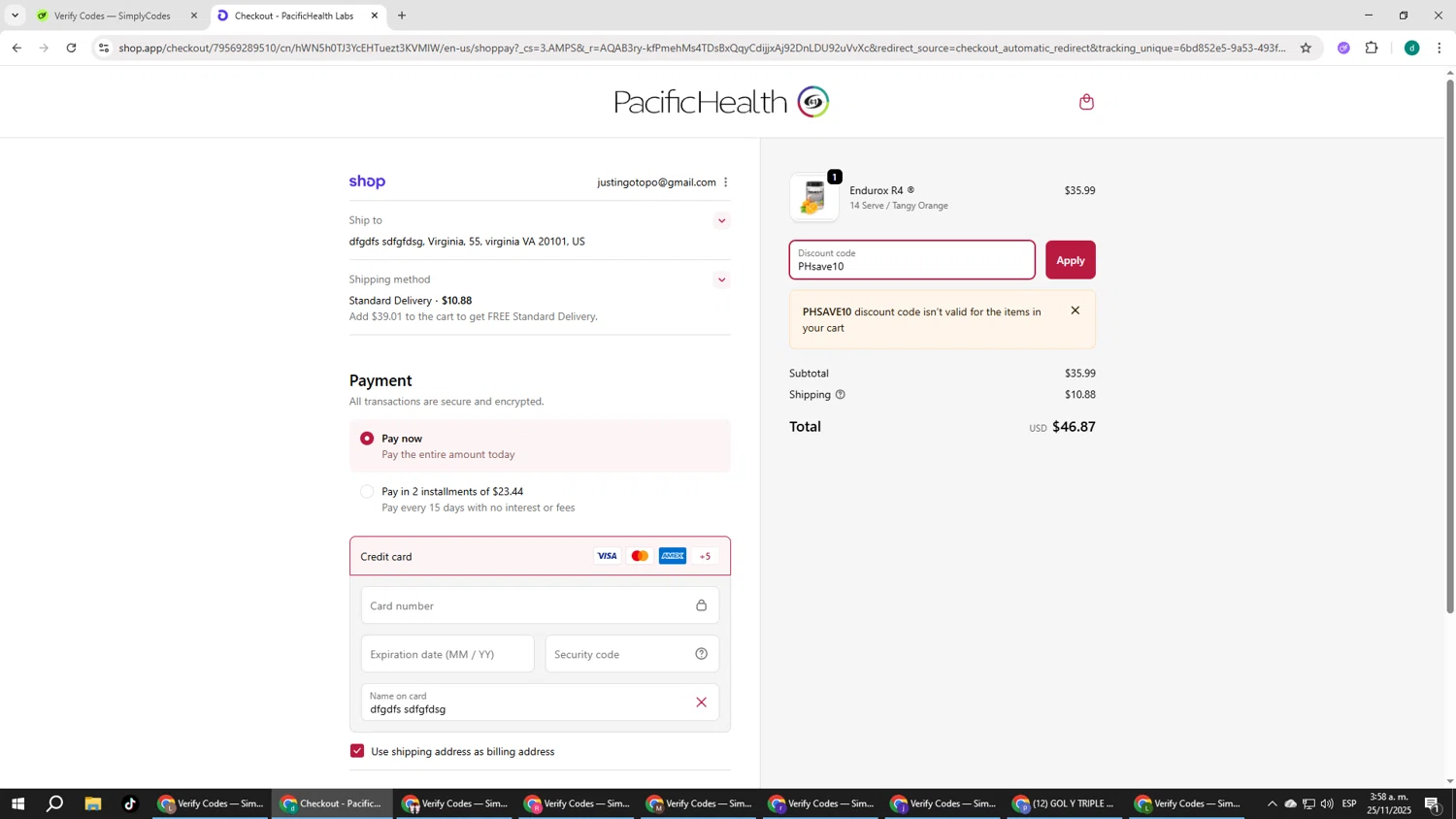 Pacifichealthlabs promo code screenshot showing code PHsave10 applied at Pacifichealthlabs checkout page. Uploaded by SimplyCodes community member HEROESCUDA on Nov 25, 2025