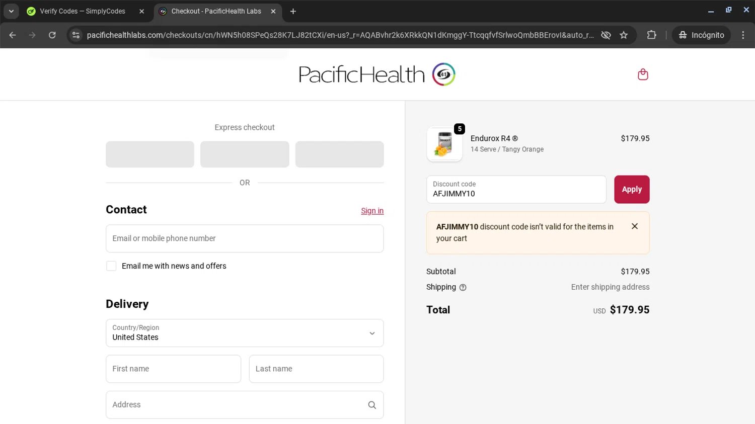 Pacifichealthlabs promo code screenshot showing code AFJIMMY10 applied at Pacifichealthlabs checkout page. Uploaded by SimplyCodes community member AVAMUSTANG on Nov 25, 2025