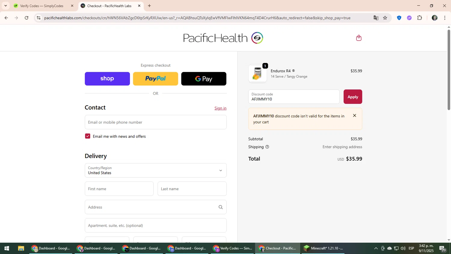 Pacifichealthlabs promo code screenshot showing code AFJIMMY10 applied at Pacifichealthlabs checkout page. Uploaded by SimplyCodes community member CleverLynx6871 on Nov 9, 2025