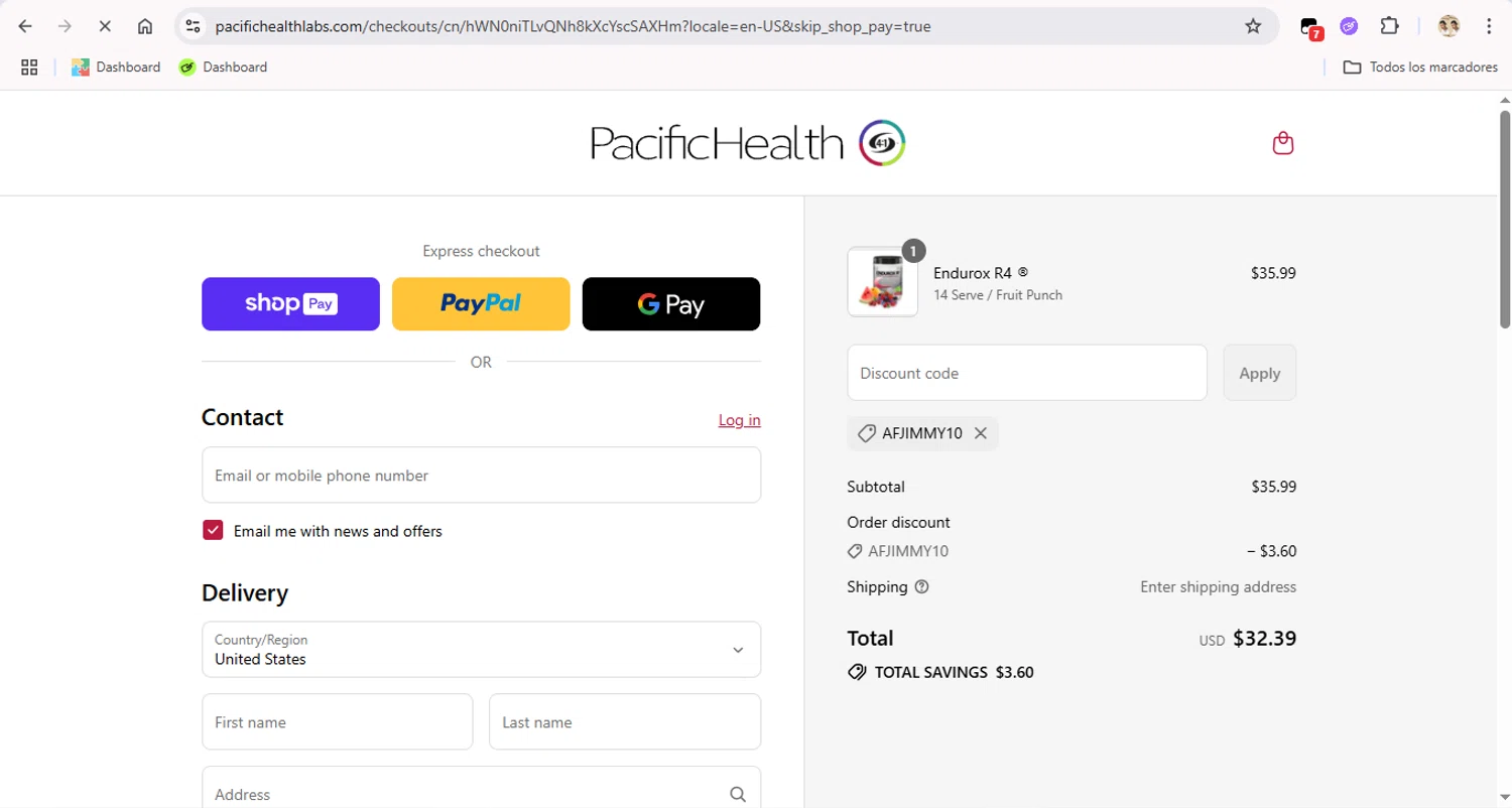 Pacifichealthlabs promo code screenshot showing code AFJIMMY10 applied at Pacifichealthlabs checkout page. Uploaded by SimplyCodes community member FrugalFox6593 on Jul 19, 2025