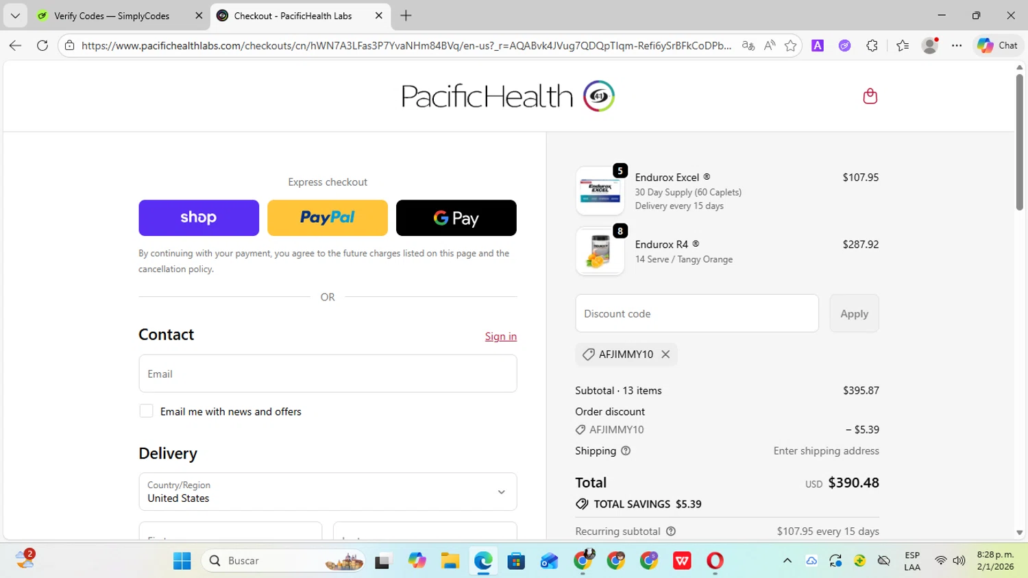 Pacifichealthlabs checkout page showing Pacifichealthlabs promo code box | Screenshot taken by SimplyCodes community member on Jan 3, 2026