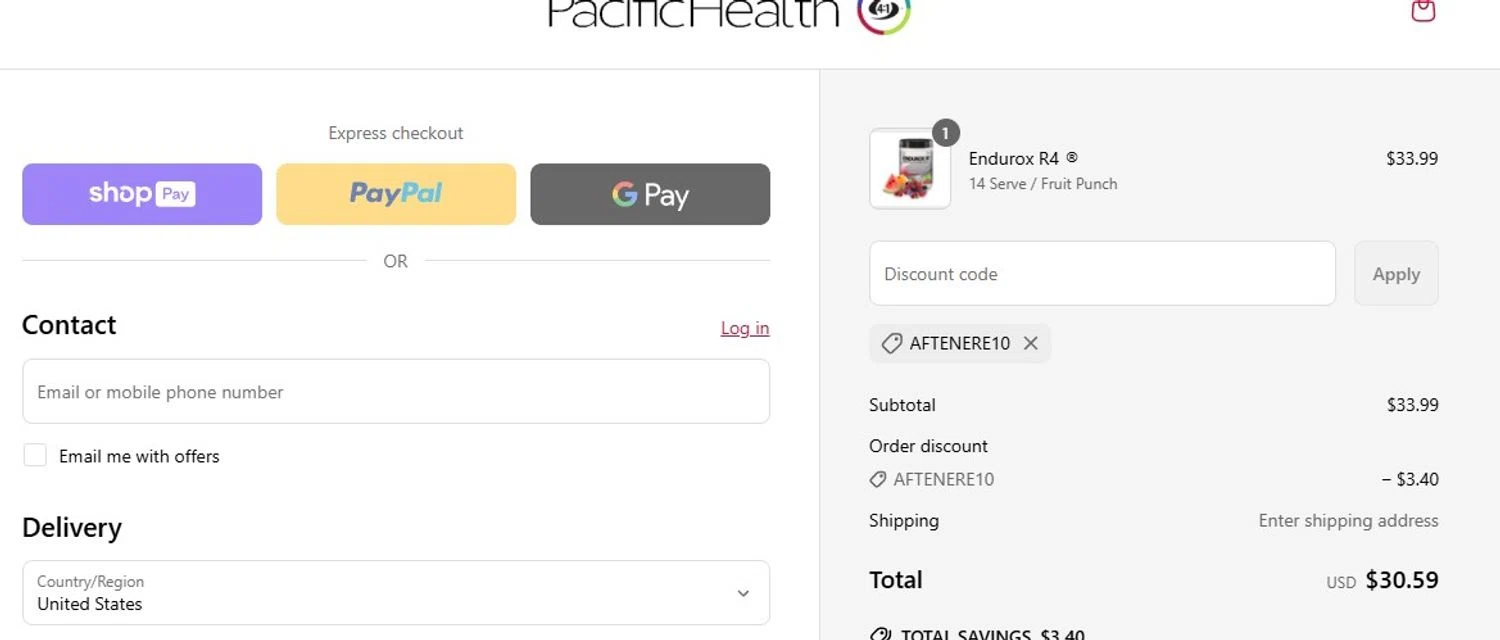 Pacifichealthlabs promo code screenshot showing code AFTENERE10 applied at Pacifichealthlabs checkout page. Uploaded by SimplyCodes community member Quemiras on Jun 24, 2025