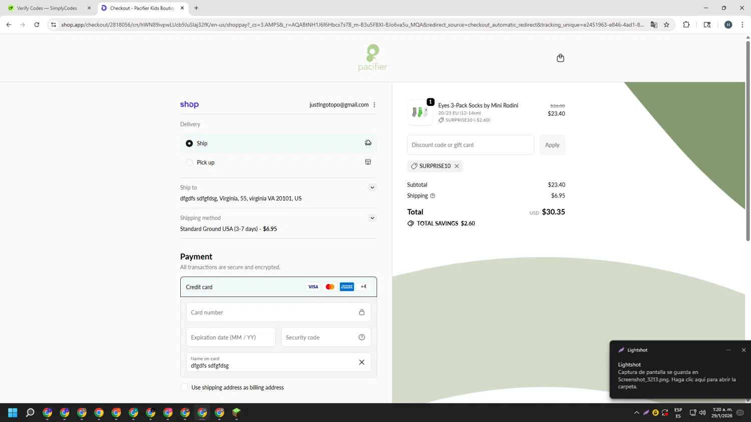Pacifier checkout page showing Pacifier coupon code box | Screenshot taken by SimplyCodes community member on Jan 29, 2026