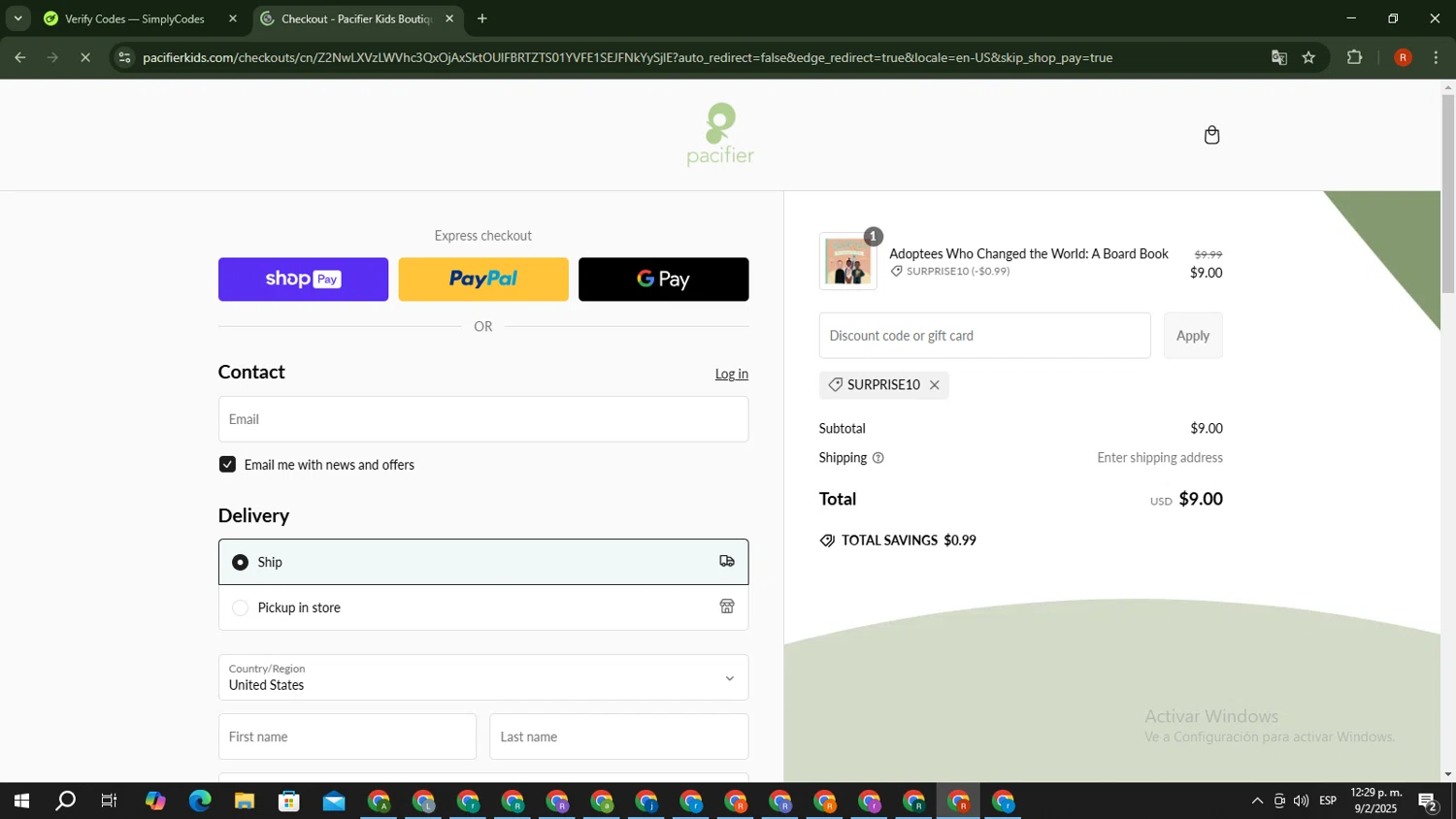 Pacifier coupon code screenshot showing code SURPRISE10 applied at Pacifier checkout page. Uploaded by SimplyCodes community member MagnificentExpert2705 on Feb 9, 2025