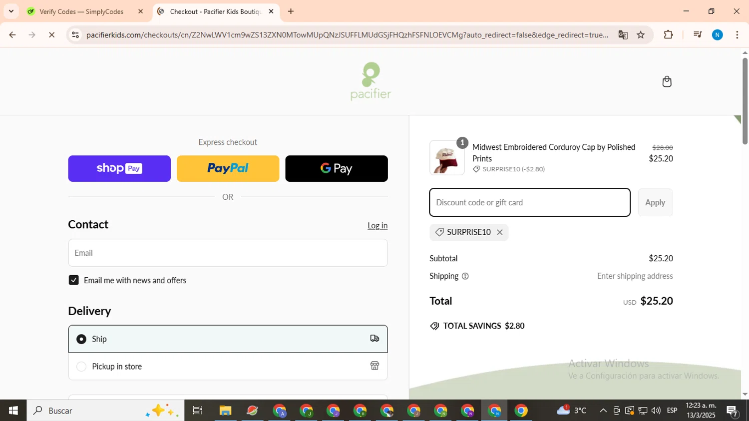 Pacifier coupon code screenshot showing code SURPRISE10 applied at Pacifier checkout page. Uploaded by SimplyCodes community member CoinHawk678 on Mar 13, 2025
