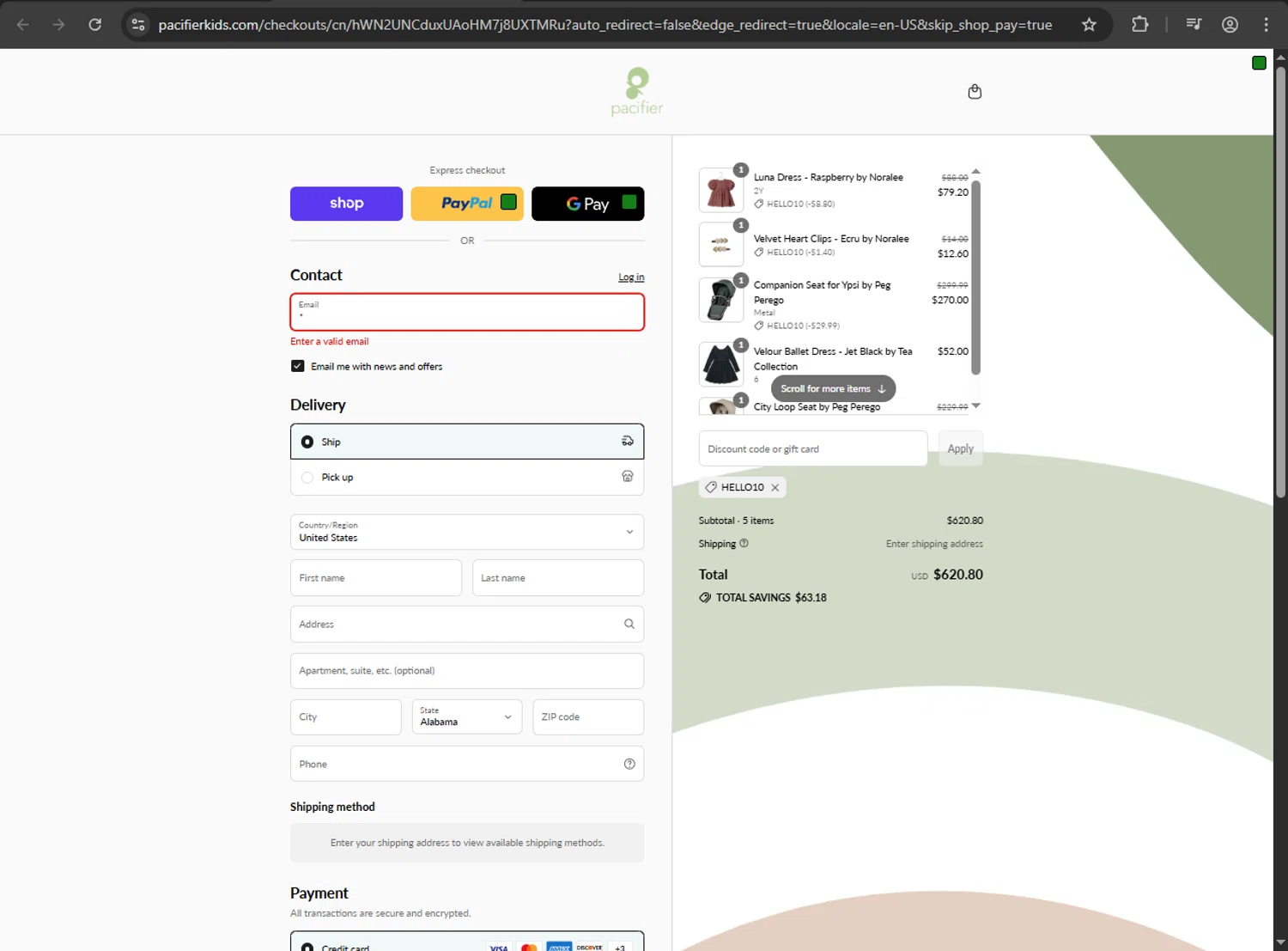Pacifier coupon code screenshot showing code HELLO10 applied at Pacifier checkout page. Uploaded by SimplyCodes community member nikelson on Sep 1, 2025
