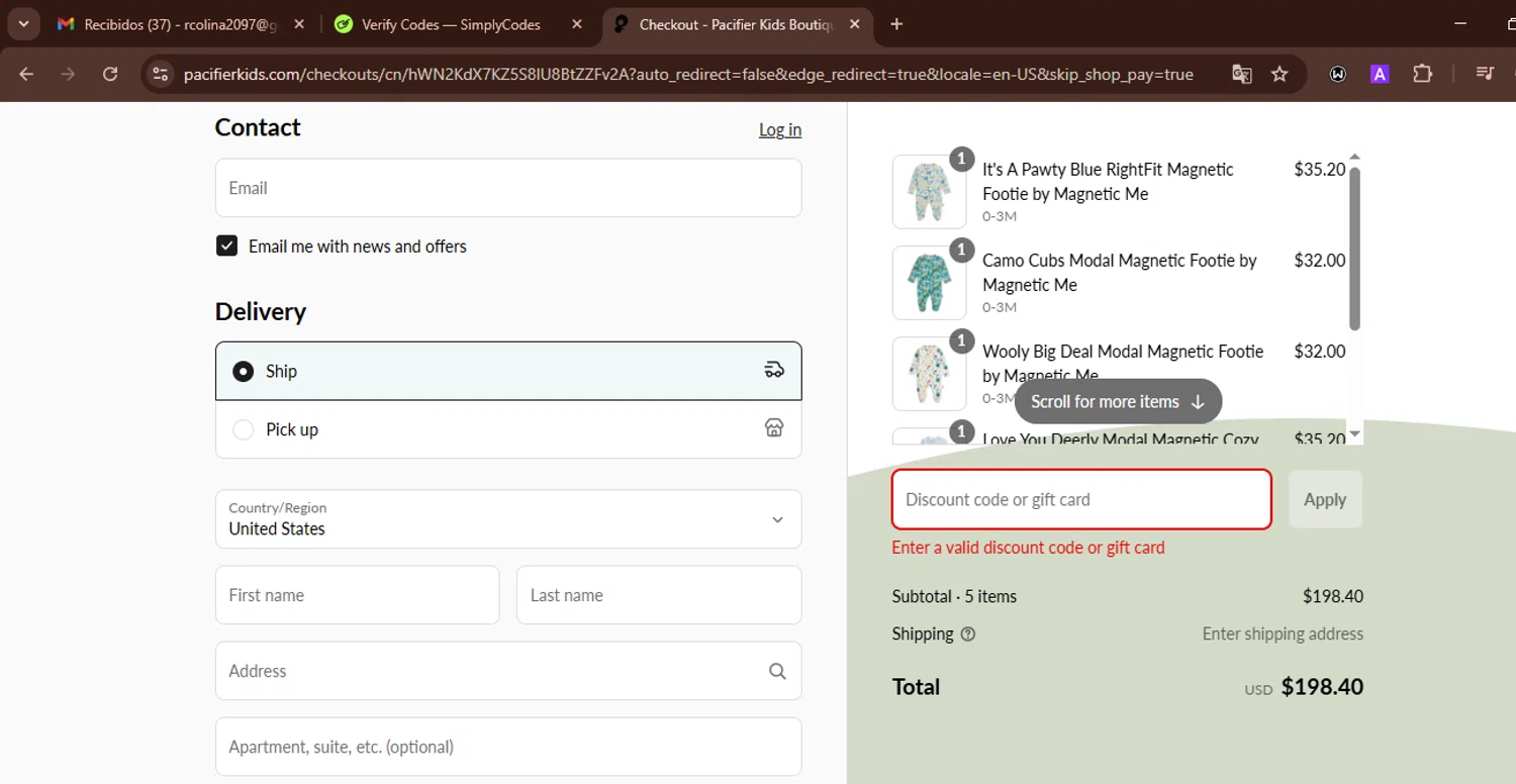 Pacifier coupon code screenshot showing code TOOCOOL applied at Pacifier checkout page. Uploaded by SimplyCodes community member WonderWarden594 on Aug 28, 2025