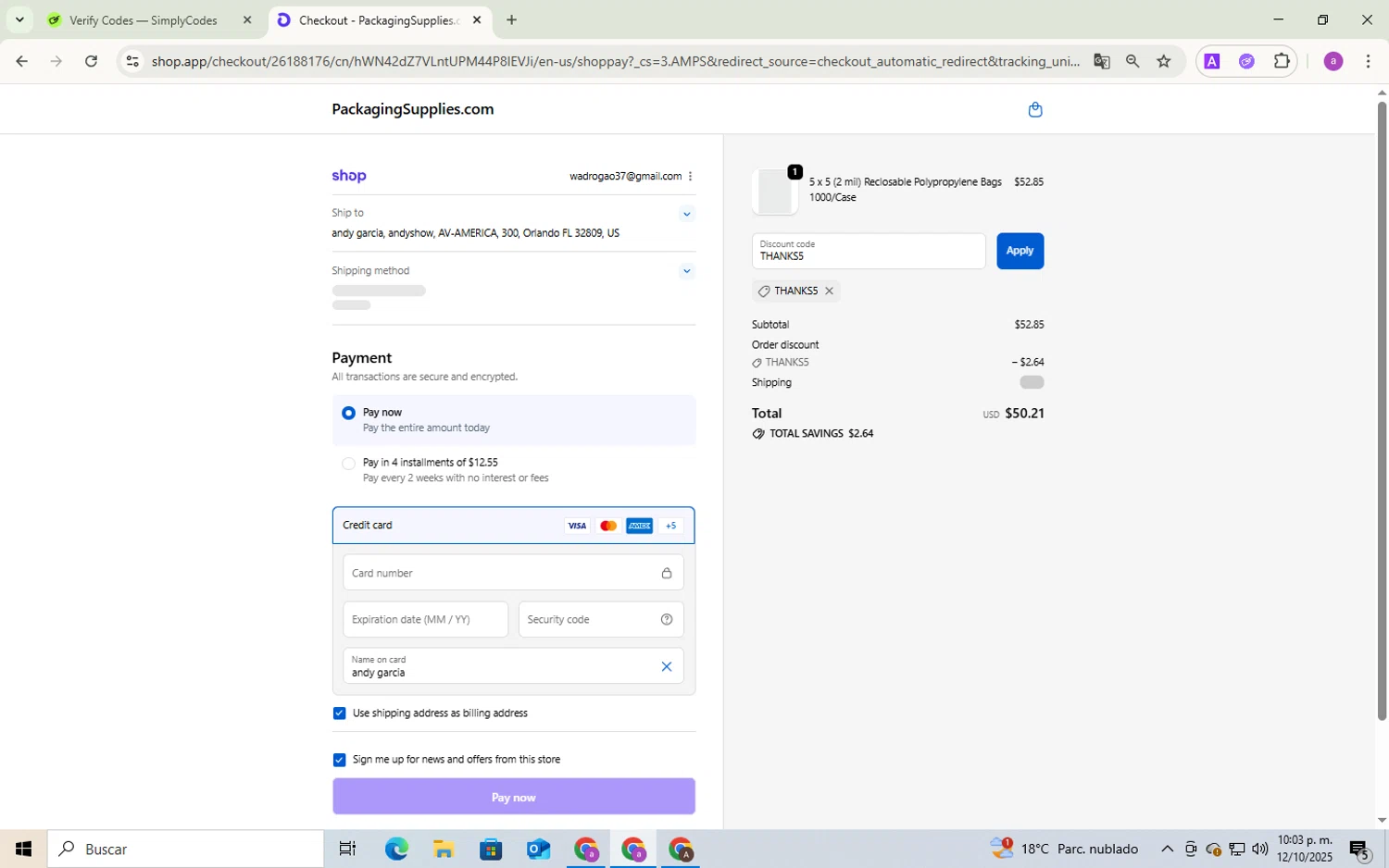PackagingSupplies.com promo code screenshot showing code THANKS5 applied at PackagingSupplies.com checkout page. Uploaded by SimplyCodes community member Andygar on Oct 12, 2025