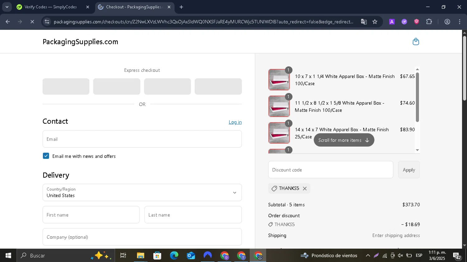PackagingSupplies.com promo code screenshot showing code THANKS5 applied at PackagingSupplies.com checkout page. Uploaded by SimplyCodes community member PrimeAce8032 on Jun 3, 2025