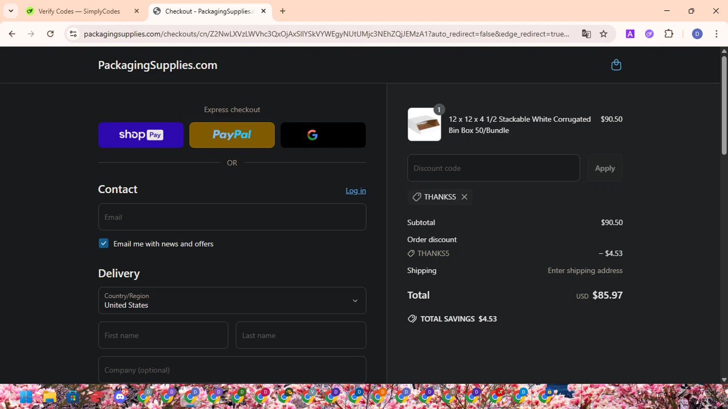 PackagingSupplies.com promo code screenshot showing code THANKS5 applied at PackagingSupplies.com checkout page. Uploaded by SimplyCodes community member RewardOwl5959 on Jun 29, 2025