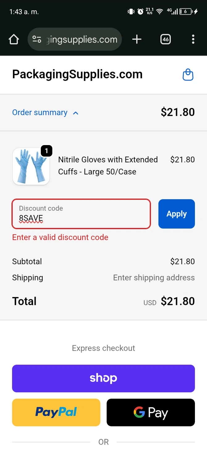 PackagingSupplies.com promo code screenshot showing code 8SAVE applied at PackagingSupplies.com checkout page. Uploaded by SimplyCodes community member Bernado on Jan 29, 2026