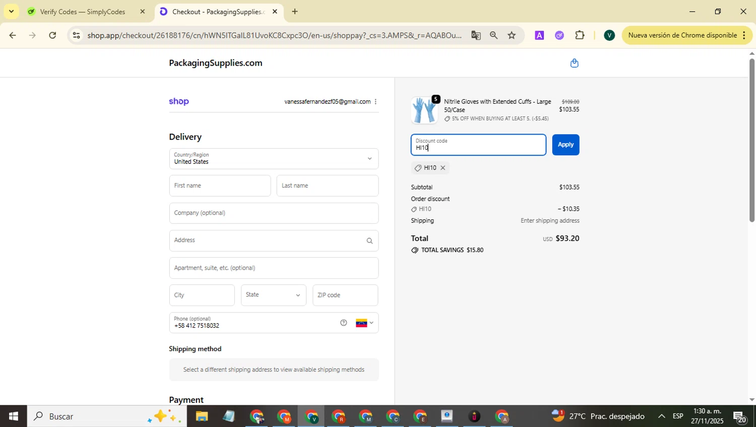 PackagingSupplies.com promo code screenshot showing code HI10 applied at PackagingSupplies.com checkout page. Uploaded by SimplyCodes community member FrugalHawk8896 on Nov 27, 2025