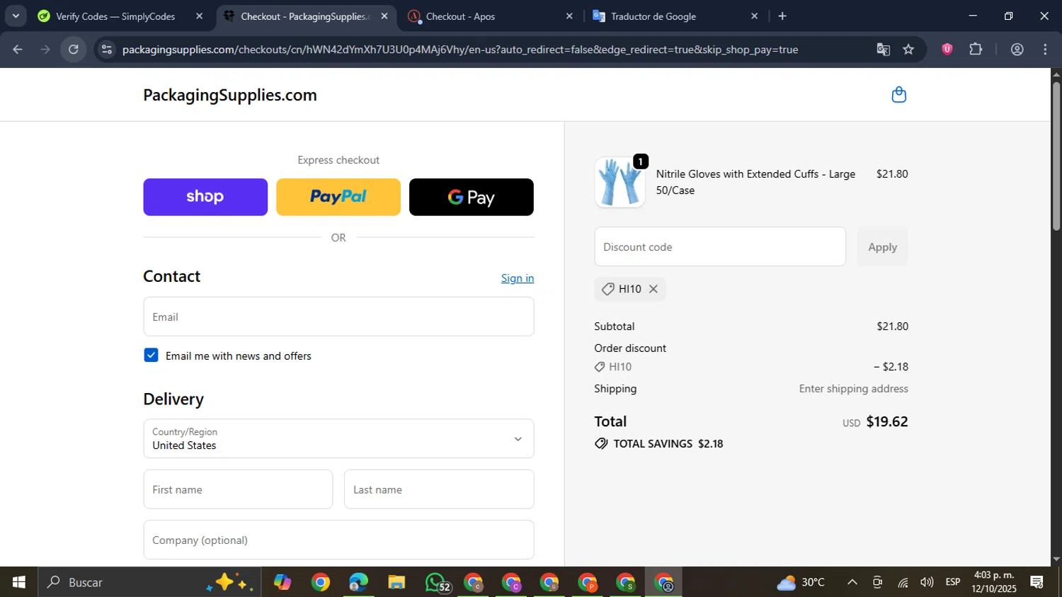 PackagingSupplies.com promo code screenshot showing code HI10 applied at PackagingSupplies.com checkout page. Uploaded by SimplyCodes community member GloriousDefender7889 on Oct 12, 2025