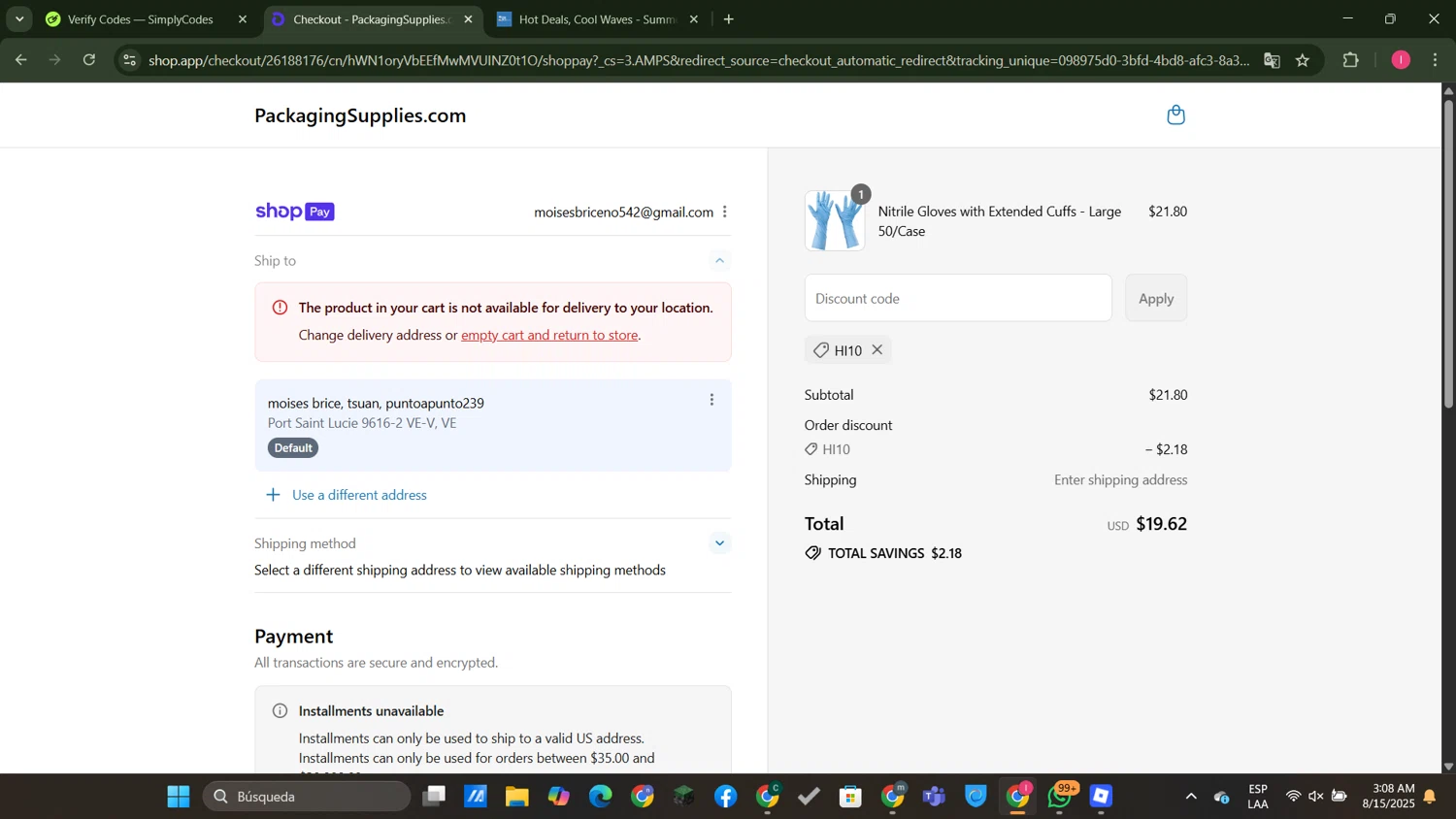 PackagingSupplies.com promo code screenshot showing code HI10 applied at PackagingSupplies.com checkout page. Uploaded by SimplyCodes community member MightyGuardian8404 on Aug 15, 2025