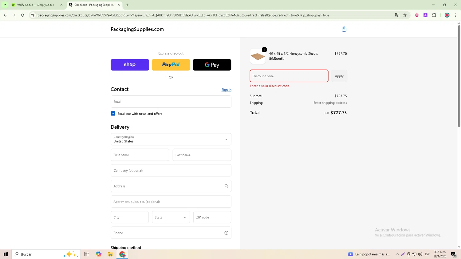 PackagingSupplies.com promo code screenshot showing code THANKS10 applied at PackagingSupplies.com checkout page. Uploaded by SimplyCodes community member GoldRanger7074 on Jan 29, 2026