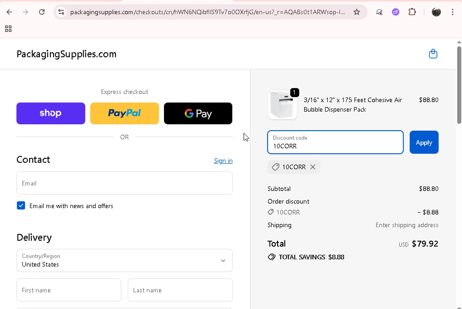 PackagingSupplies.com promo code screenshot showing code 10CORR applied at PackagingSupplies.com checkout page. Uploaded by SimplyCodes community member JASTIFY on Dec 13, 2025