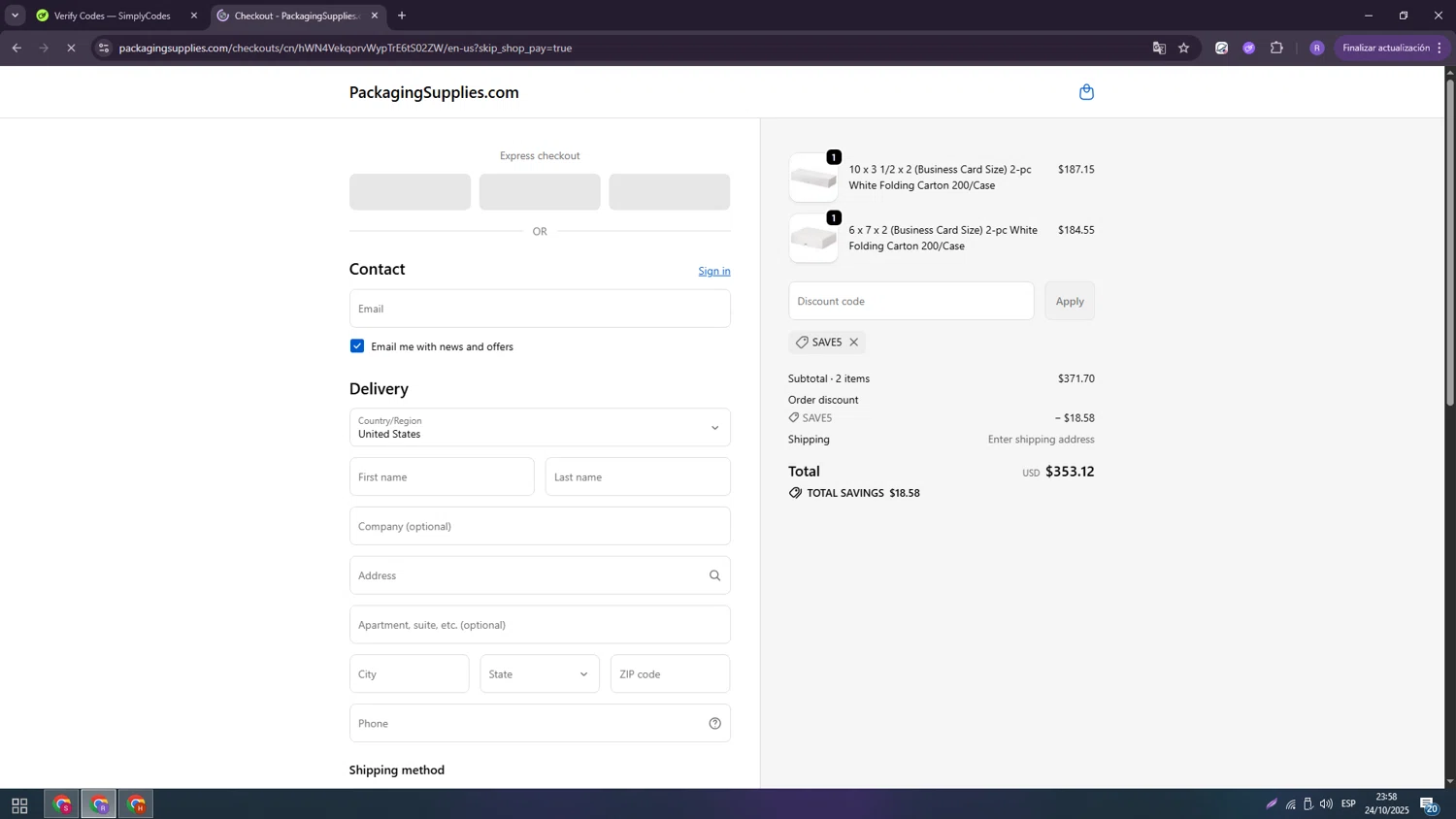 PackagingSupplies.com promo code screenshot showing code save5 applied at PackagingSupplies.com checkout page. Uploaded by SimplyCodes community member usenameee on Oct 25, 2025