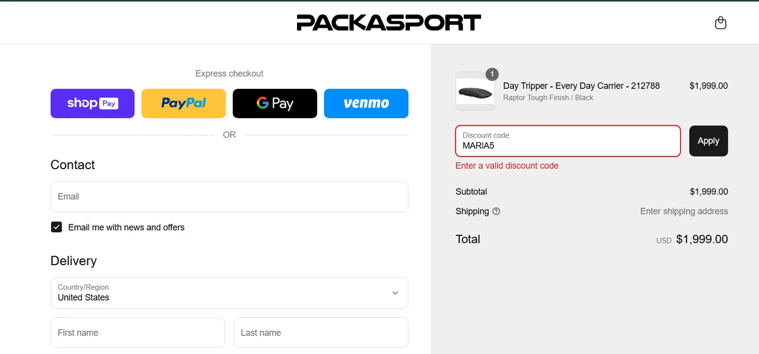 Packasport promo code screenshot showing code MARlA5 applied at Packasport checkout page. Uploaded by SimplyCodes community member Sanemi on Apr 28, 2025
