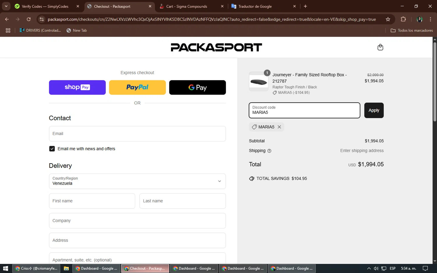 Packasport promo code screenshot showing code MARlA5 applied at Packasport checkout page. Uploaded by SimplyCodes community member TheWizard on Apr 28, 2025