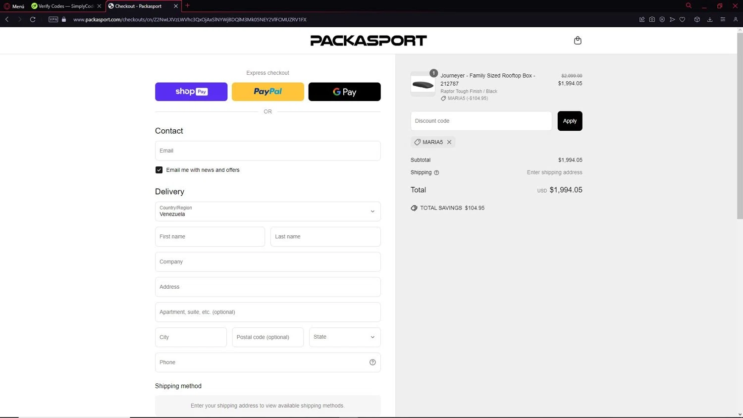 Packasport promo code screenshot showing code MARlA5 applied at Packasport checkout page. Uploaded by SimplyCodes community member CleverAdmiral2537 on Apr 28, 2025