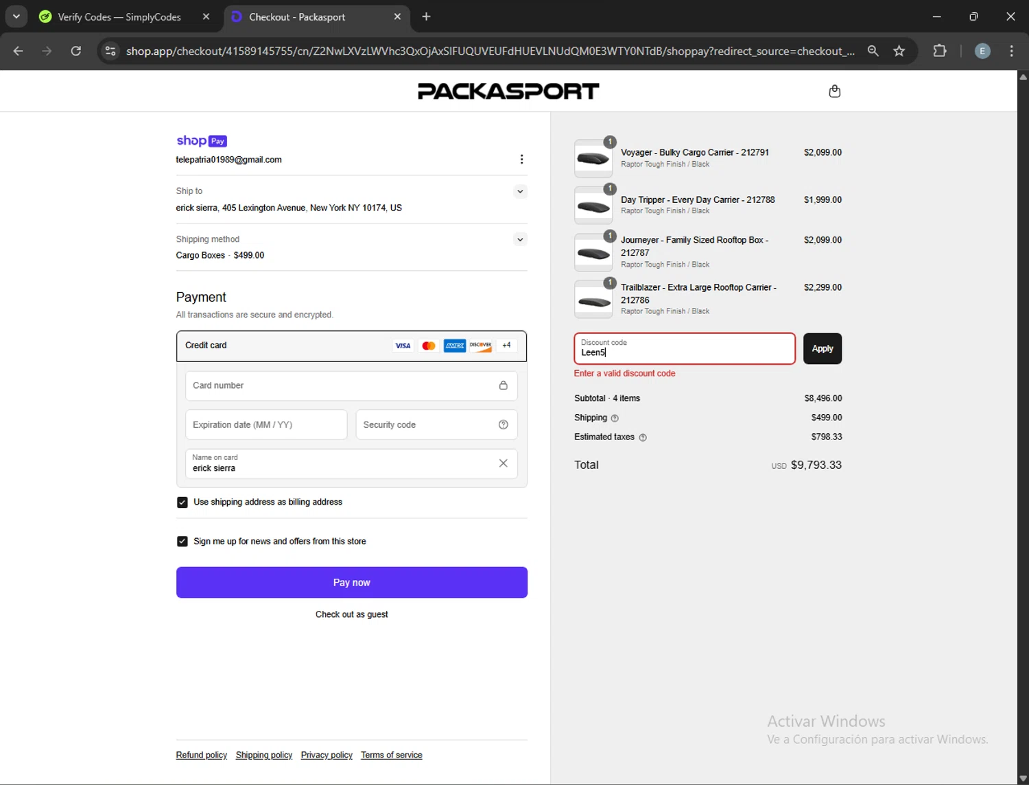Packasport promo code screenshot showing code Leen5 applied at Packasport checkout page. Uploaded by SimplyCodes community member ExtraordinaryMonarch4598 on Apr 2, 2025