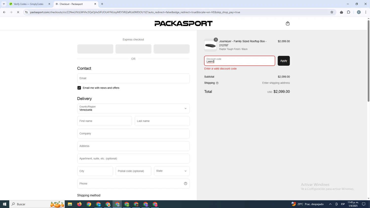 Packasport promo code screenshot showing code Leen5 applied at Packasport checkout page. Uploaded by SimplyCodes community member SavingsBoss9912 on Apr 2, 2025