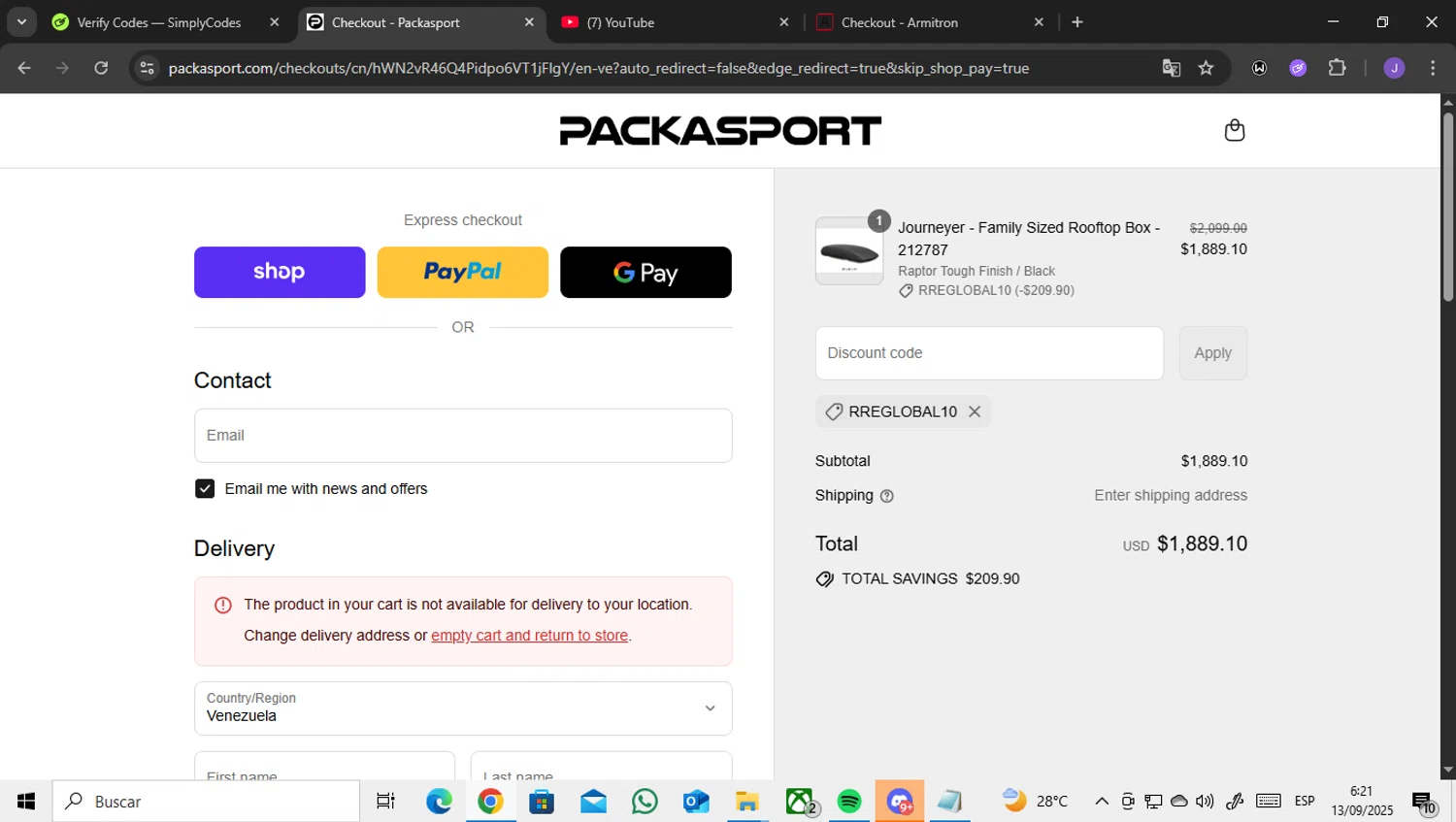 Packasport promo code screenshot showing code RREGLOBAL10 applied at Packasport checkout page. Uploaded by SimplyCodes community member ENCARAMESSI on Sep 13, 2025
