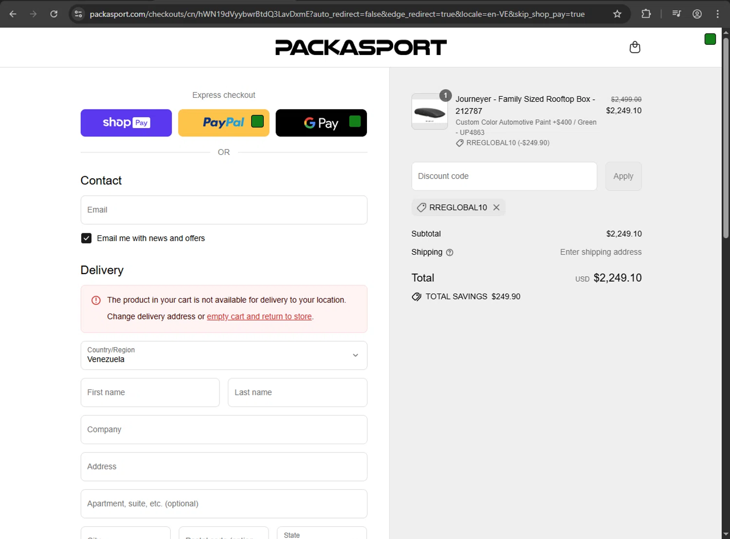 Packasport promo code screenshot showing code RREGLOBAL10 applied at Packasport checkout page. Uploaded by SimplyCodes community member kaiser2 on Jul 28, 2025