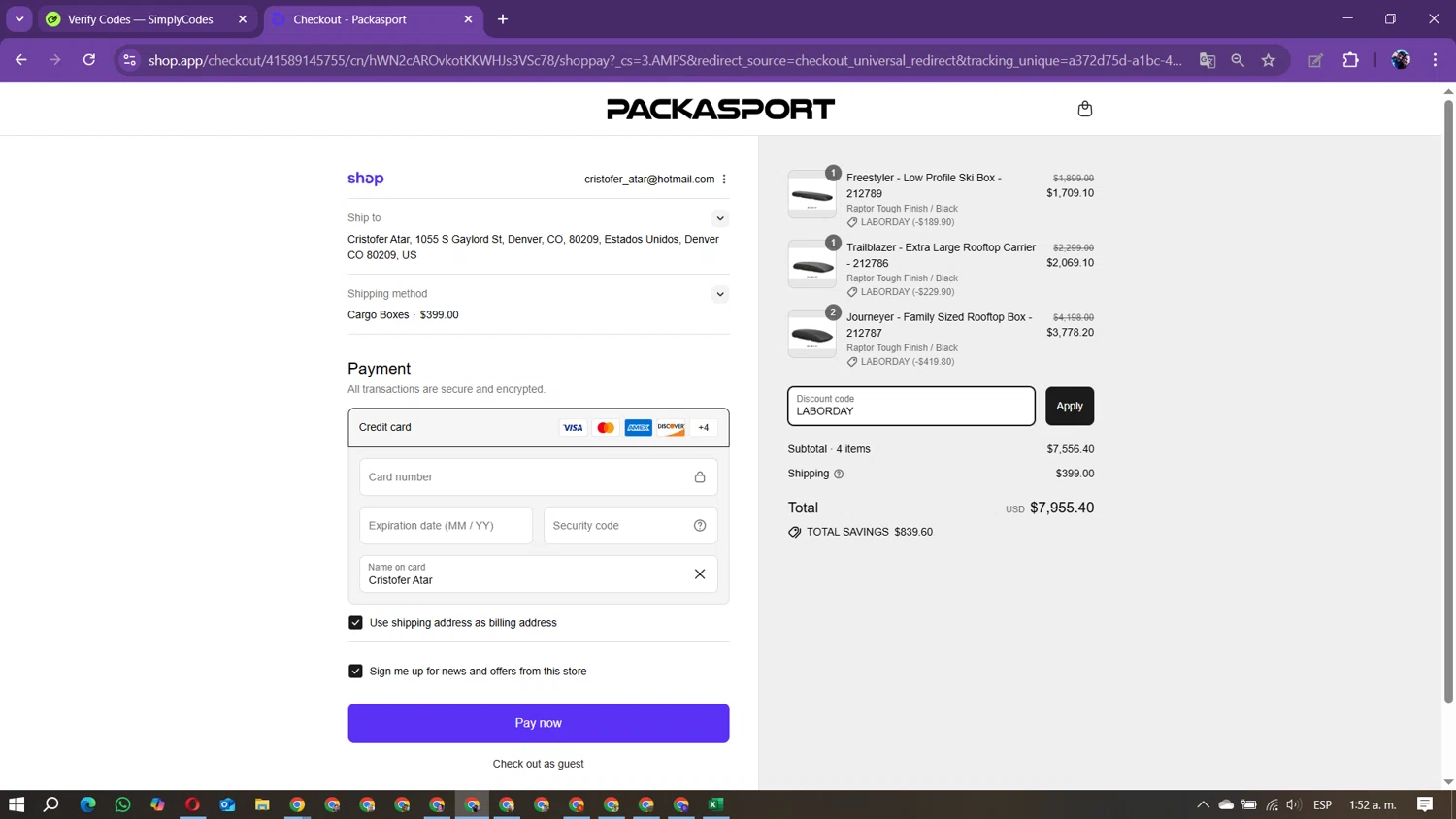 Packasport promo code screenshot showing code LABORDAY applied at Packasport checkout page. Uploaded by SimplyCodes community member Marielis on Sep 5, 2025