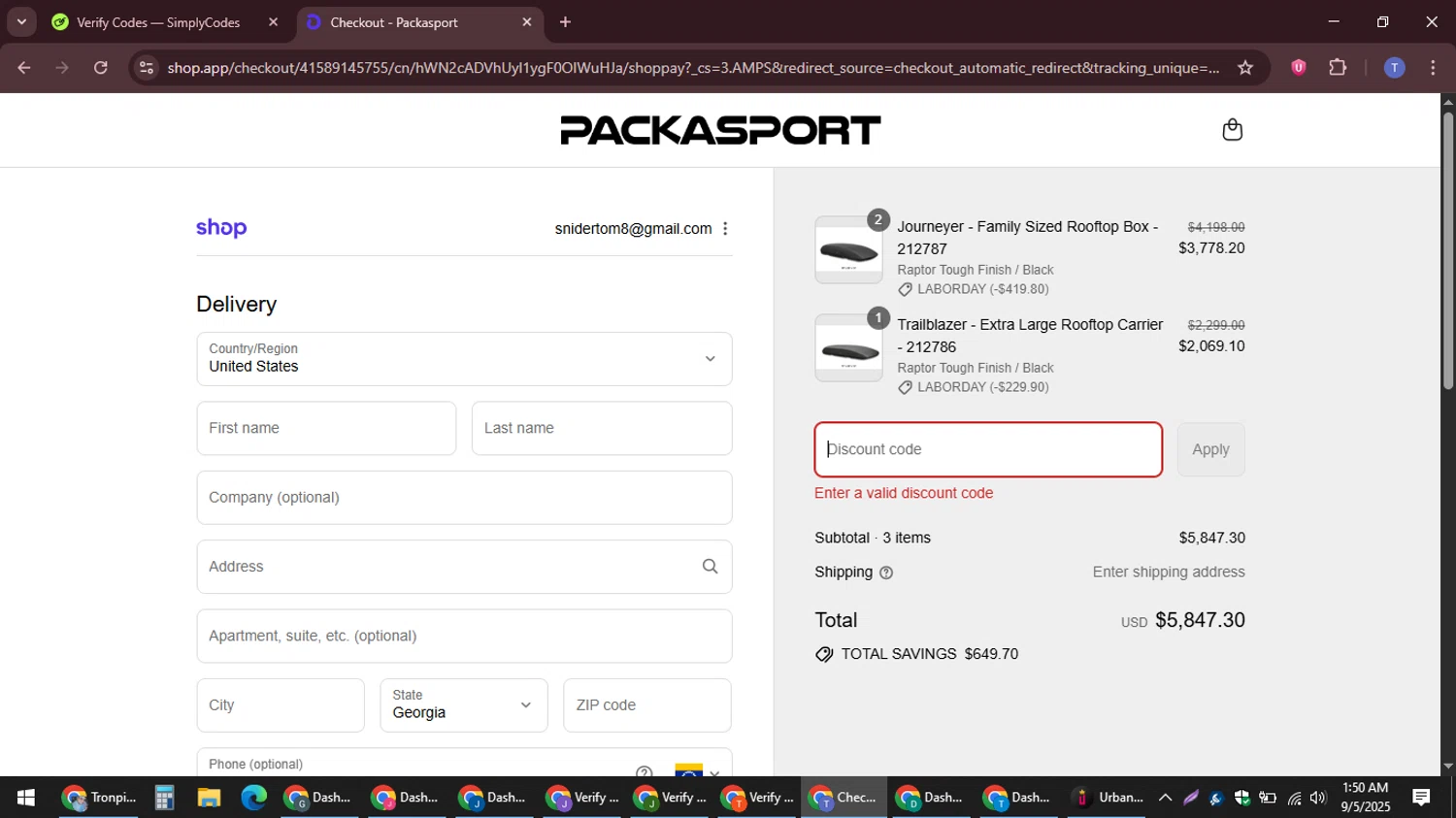 Packasport promo code screenshot showing code LABORDAY applied at Packasport checkout page. Uploaded by SimplyCodes community member snidertom8 on Sep 5, 2025