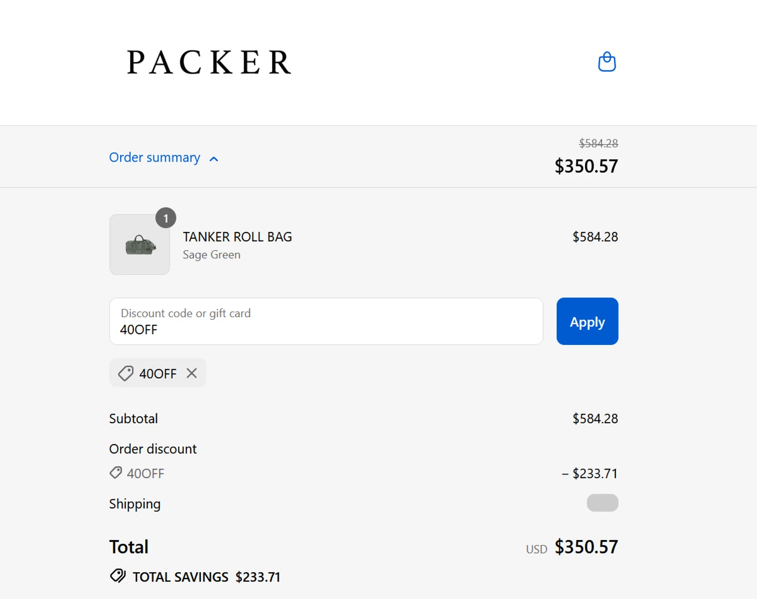 PACKER SHOES discount code screenshot showing code 40OFF applied at PACKER SHOES checkout page. Uploaded by SimplyCodes community member ValiantLion5897 on Sep 8, 2025